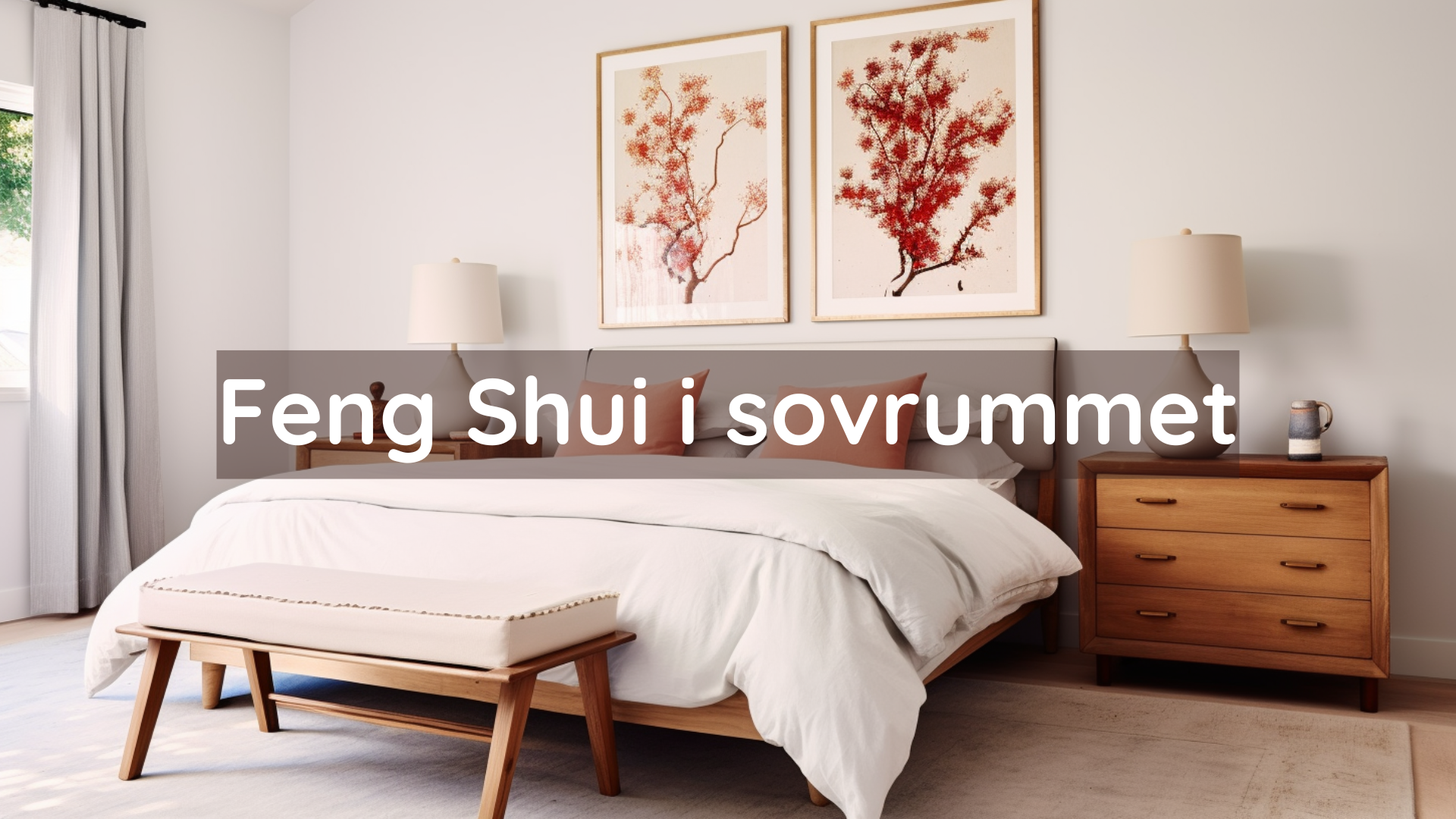 Exempel på ett sovrum i Feng Shui stil. Symetriskt möblerat med harmonisk färgsättning. Kopplingar till naturliga färger och material är tydlig.