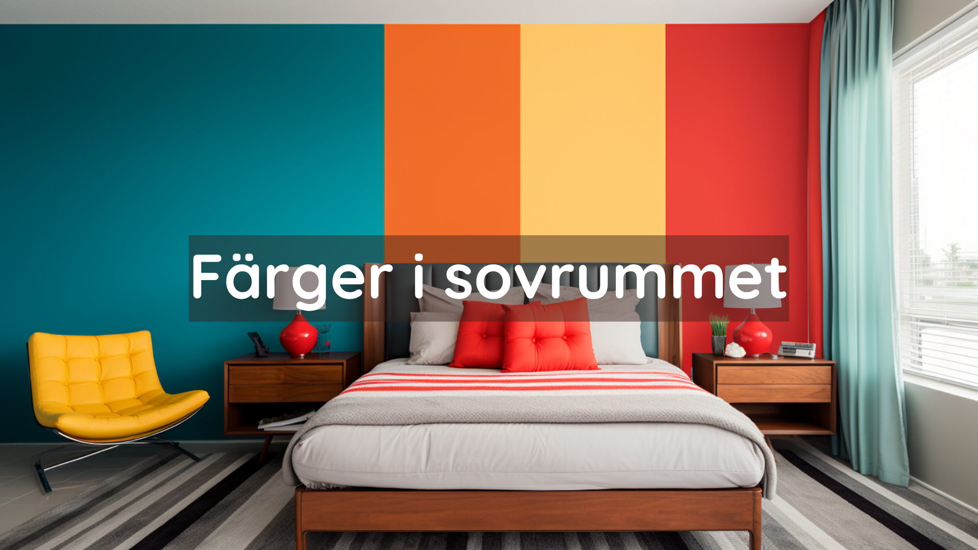 En bild med starka färger och texten "Färger i sovrummet".