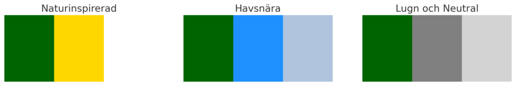 Tre olika paletter som passar i sovrum. En naturinspirerad, en havsnära och en lugn och neutral.